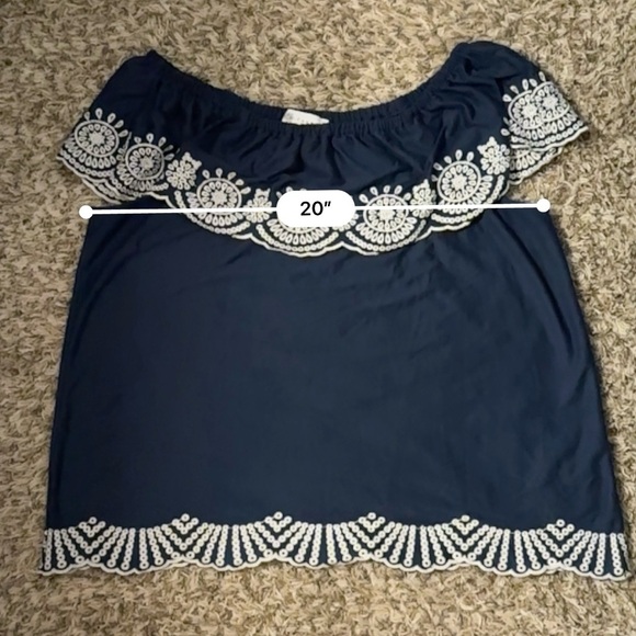 Fever Navy Blue Off-Shoulder Blouse with White Embroidery - Picture 4 of 6